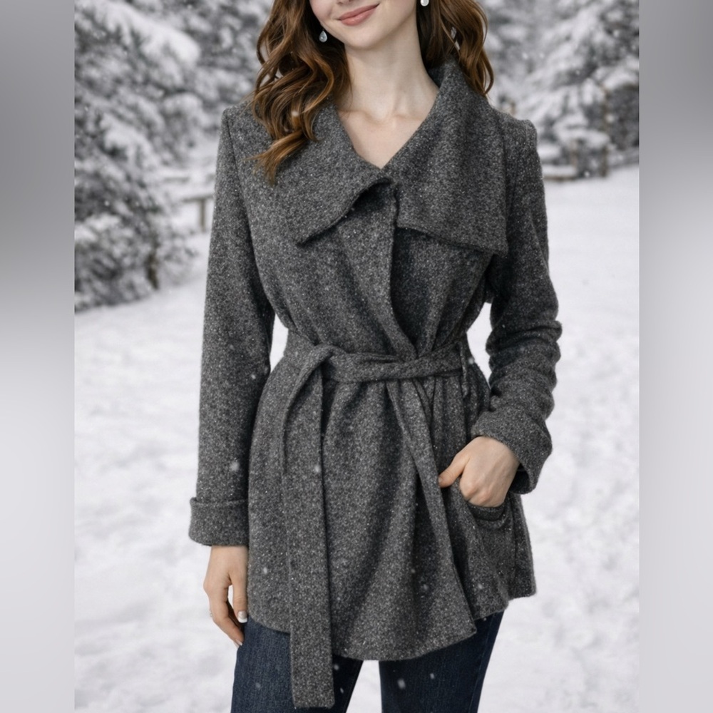 Talbots Charcoal Gray Wrap Wool-Blend Belted Cardigan